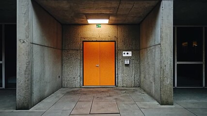 Fototapete - Orange Double Door in Concrete Structure with Geometric Design and Fluorescent Light