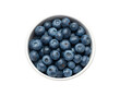 © Toni DiSalvo - Fresh ripe blueberries in a round white ceramic bowl overhead view