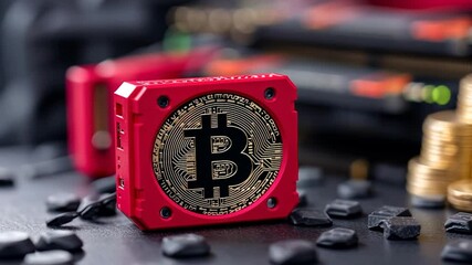 Poster - Close-Up Of Red Bitcoin Electronic Device With Gold Coins And Computer Components
