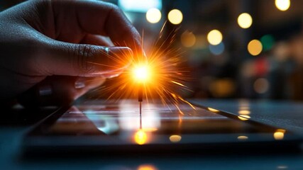 Aufkleber - Hand Holding Sparkler Over Tablet Display with Orange and Yellow Glow Against Blurred Lights