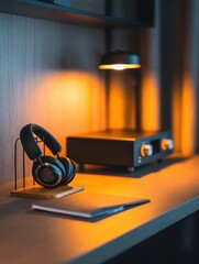 Poster - Stylish workspace featuring headphones, a lamp, and audio equipment on a wooden desk