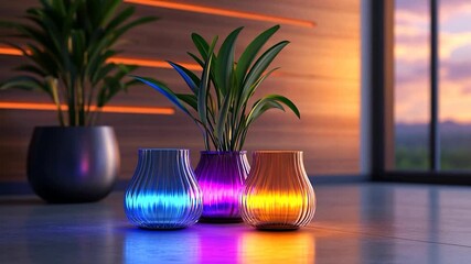Aufkleber - Three Glowing Vases with Plants in a Modern Interior with Neon Lights and Reflecting on Floor