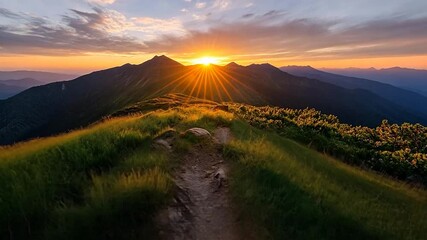Poster - Golden Sunset Over Mountain Peaks with Green Grass Ridge and Sunburst Effect