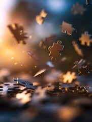 Poster - Falling puzzle pieces create a mesmerizing scene against a blurred sunset background