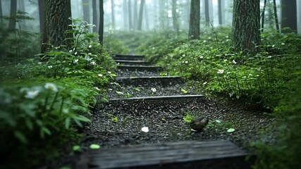 Poster - Stone Steps Ascending Through Misty Green Forest with Lush Foliage in Natural Light
