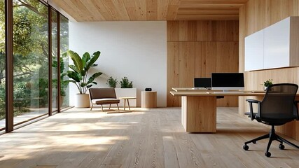 Poster - Modern Minimalist Wooden Office Interior with Natural Light and Green Plants