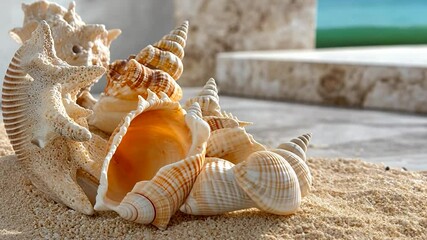 Poster - Seashells on Sandy Surface with Ocean Backdrop in Natural Light Close up
