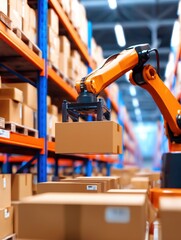 Poster - Robotic arm efficiently handling cardboard boxes in a modern warehouse with organized shelves