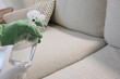 © Towfiqu Barbhuiya  - A person sprays cleaning solution onto a light-colored fabric sofa
