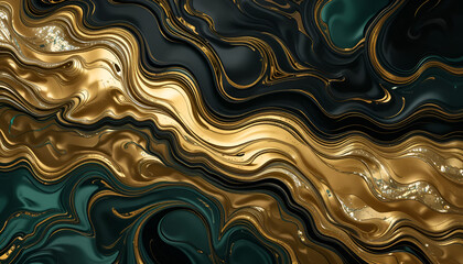 Poster - Captivating golden waves cascade through dark teal and black fluid art, creating a luxurious, abstract marble effect perfect for backgrounds.