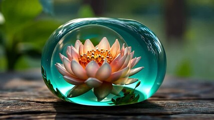 Aufkleber - Encapsulated Lotus Flower in a Glass Sphere on Wooden Surface with Green Background