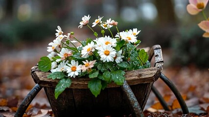 Aufkleber - Wheelbarrow Filled With White And Orange Daisies Against Brown Fallen Leaves And Bokeh Background