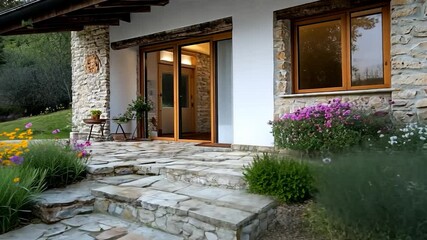 Poster - Exterior Stone House with Wooden Frames Doorway and Garden at Dusk
