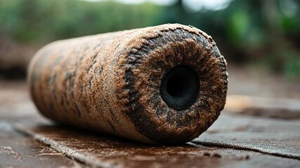 Aufkleber - Cylindrical Object Covered In Sand And Dirt Resting On A Weathered Wooden Surface with Soft Focus Background