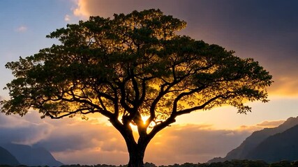 Poster - Majestic Tree Silhouette at Sunset with Golden Light Shining Through Branches and Colorful Sky