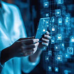 Poster - User enabling safety settings and monitoring tools on mobile device digital space conceptual graphic futuristic view