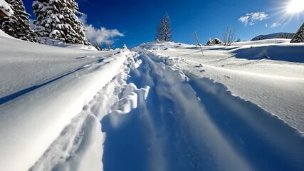Aufkleber - Snow Covered Trail Ascending Through Fresh Snow on Mountain Under Bright Blue Sky