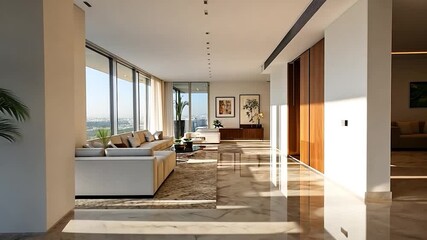 Poster - Elegant Modern Living Room with White Sofa and Panoramic Views in Natural Daylight