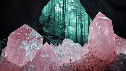 Poster - Pink Crystals Inside A Cave Opening To A Forest With Magical Lighting