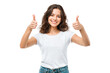 © boxstock production - Smiling young woman showing double thumbs up gesture isolated on transparent background