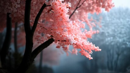 Aufkleber - Vibrant Pink Cherry Blossom Tree in a Misty Forest at Daylight