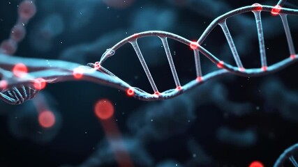 Aufkleber - Abstract DNA Helix Illuminated with Glowing Red Nodes on a Blurred Blue Background