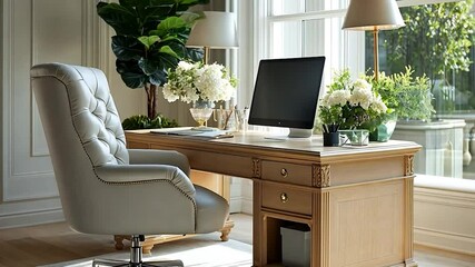 Poster - Luxury Home Office Interior With Elegant Desk Leather Chair and Natural Light