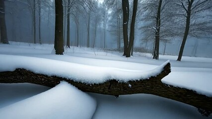 Aufkleber - Winter Landscape with Fallen Tree Covered in Fresh Snow and Misty Trees