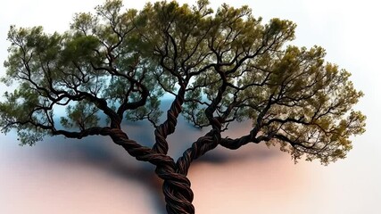 Aufkleber - Stylized Tree Illustration with Detailed Twisted Trunk and Lush Green Foliage Against Gradient Background