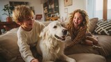 Siblings playing with dog in the living room, cheerful chaos, genuine joy and family life at home Siblings playing with dog in the living room, cheerful chaos, genuine joy and family life at home