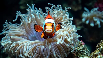 Aufkleber - Vibrant Clownfish Nestled Within a Sea Anemone Against a Dark Blue Background