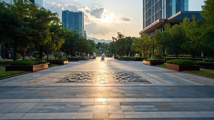 Poster - Long Urban Walkway Lined with Trees and Buildings During Sunset