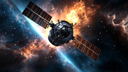 Poster - Digital Rendering Of A Satellite In Deep Space With Colorful Nebula And Stars Displaying Futuristic Technology