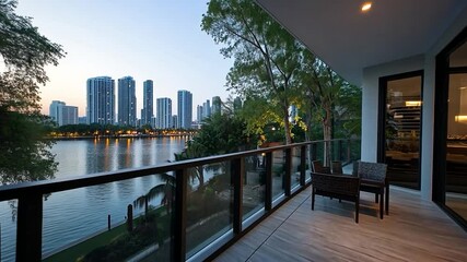 Poster - Evening Balcony View Of Cityscape Buildings Overlooking Calm Lake With Trees And Tranquil Atmosphere