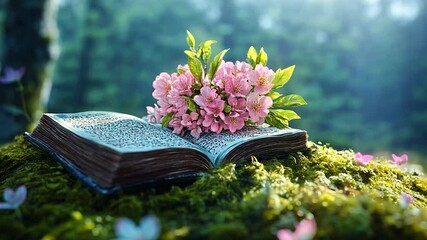 Poster - Open Book Adorned With Pink Flowers On Moss In Lush Green Forest With Soft Lighting