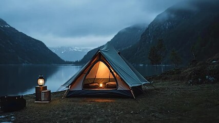 Poster - Illuminated Tent Beside a Lake at Dusk with Majestic Mountains and Lantern
