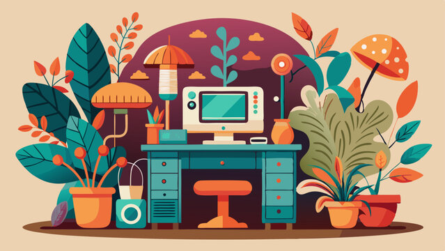 A stylish workspace with a computer, desk, and potted plants in a vibrant, flat design, perfect for use in web design projects.