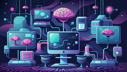 Poster - Futuristic computer network with glowing elements and brain icons conveys artificial intelligence and advanced technology themes.
