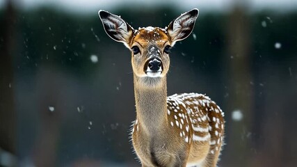 Aufkleber - Young Deer in Winter Forest with Snowfall a White Spotted Fur and a Green Background