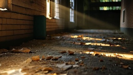 Poster - Sunlit Abandoned Corridor with Shattered Glass and Debris in Dilapidated Building