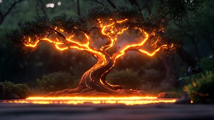 Aufkleber - Luminous Orange Glowing Tree In Forest Reflecting In Water At Dusk With Dark Green Foliage and Soft Lighting