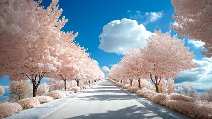 Poster - Blossom Lined Pathway Scene With Blue Sky and White Clouds
