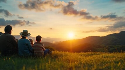 Poster - Family Silhouette Watching Sunset Over Mountain Range During Golden Hour with Green Field