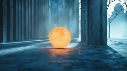 Poster - Ethereal Hallway with Glowing Orange Sphere Between Stone Pillars in Dim Blue Toned Mysterious Ambiance Rendering