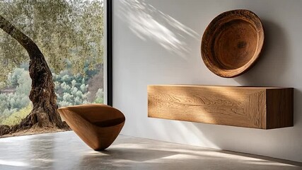 Poster - Modern Interior Wooden Shelf and Abstract Chair in Minimalist Design with Natural Light