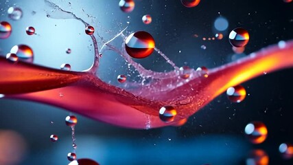 Poster - Abstract Liquid Splash with Floating Spheres in Red and Orange Hues Against Dark Blue Background