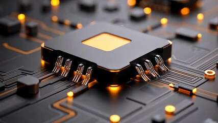 Aufkleber - Close Up Of A Central Processing Unit On A Black Circuit Board with Orange Glowing Lights in Futuristic Tech Concept