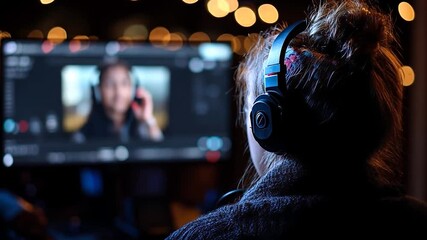 Aufkleber - Woman Wearing Headphones Looking At Computer Screen with Reflective Image in a Dimly Lit Room at Night