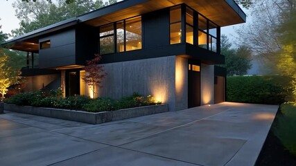 Poster - Contemporary Two Story House Exterior at Dusk with Illuminated Landscaping and Concrete Driveway