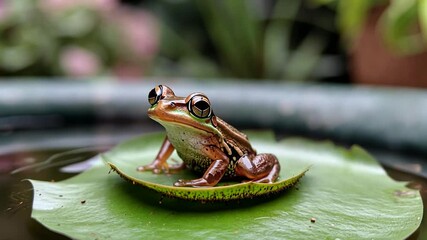 Poster - Detailed Frog On Lily Pad Surrounded By Greenery With Natural Colors and Soft Background